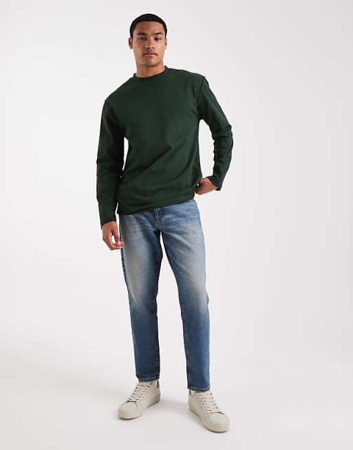 ASOS DESIGN Heavyweight Relaxed Long Sleeve T-shirt With Raw Hem In Dark Green