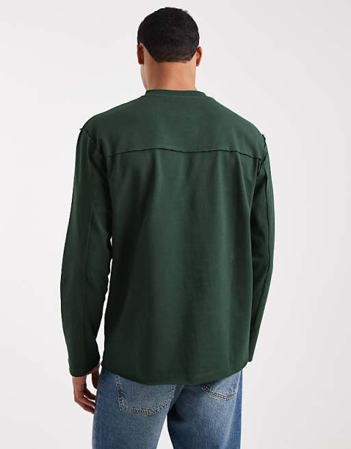 ASOS DESIGN Heavyweight Relaxed Long Sleeve T-shirt With Raw Hem In Dark Green
