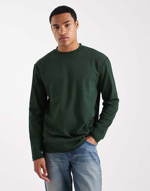 ASOS DESIGN heavyweight relaxed long sleeve t-shirt with raw hem in dark green