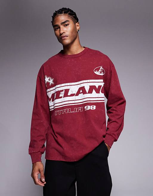 ASOS DESIGN heavyweight relaxed long sleeve t-shirt with Milano sports graphic in washed red