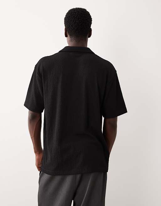 ASOS DESIGN Heavyweight Relaxed Polo In Black Crinkled Rib