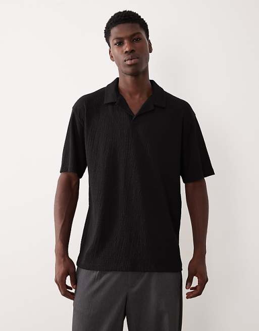 ASOS DESIGN heavyweight relaxed polo in black crinkled rib
