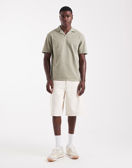ASOS DESIGN Heavyweight Relaxed Revere Polo In Garment Dyed Khaki