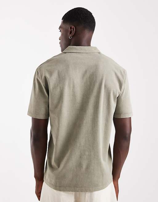 ASOS DESIGN Heavyweight Relaxed Revere Polo In Garment Dyed Khaki