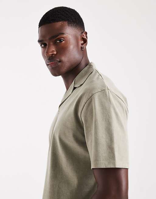 ASOS DESIGN Heavyweight Relaxed Revere Polo In Garment Dyed Khaki