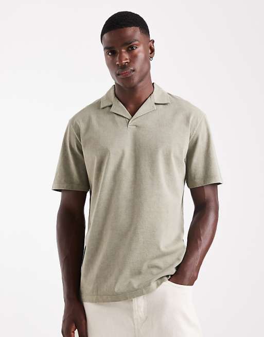 ASOS DESIGN heavyweight relaxed revere polo in garment dyed khaki