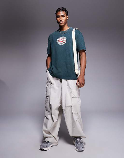 ASOS DESIGN Heavyweight Relaxed T-shirt With Chest Graphic In Washed Dark Green