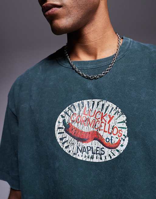 ASOS DESIGN Heavyweight Relaxed T-shirt With Chest Graphic In Washed Dark Green