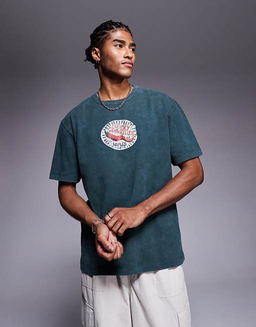 ASOS DESIGN heavyweight relaxed t-shirt with chest graphic in washed dark green