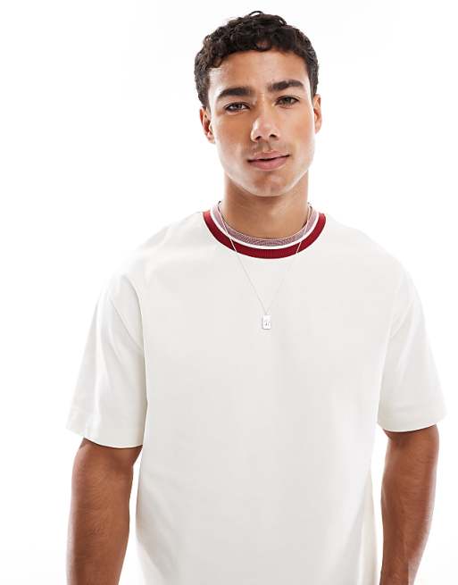 ASOS DESIGN Heavyweight Relaxed T-shirt With Contrast Collar In Cream