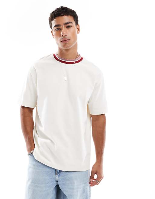 ASOS DESIGN heavyweight relaxed t-shirt with contrast collar in cream