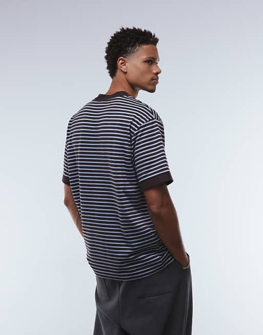 ASOS DESIGN Heavyweight Relaxed T-shirt With Dropped Shoulder In Blue And Brown Stripe