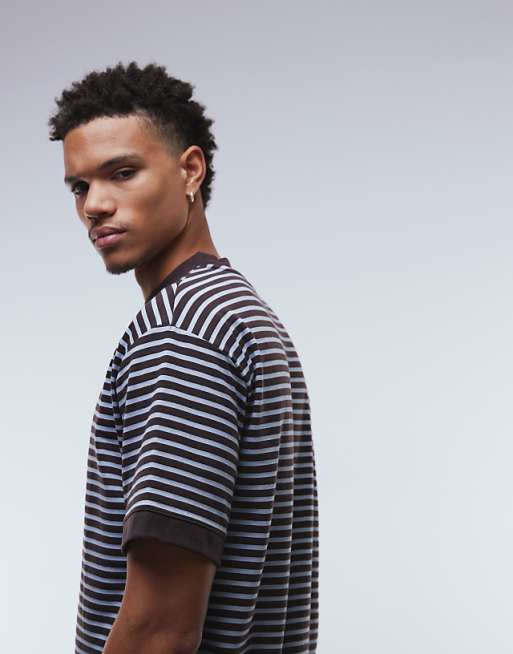 ASOS DESIGN Heavyweight Relaxed T-shirt With Dropped Shoulder In Blue And Brown Stripe