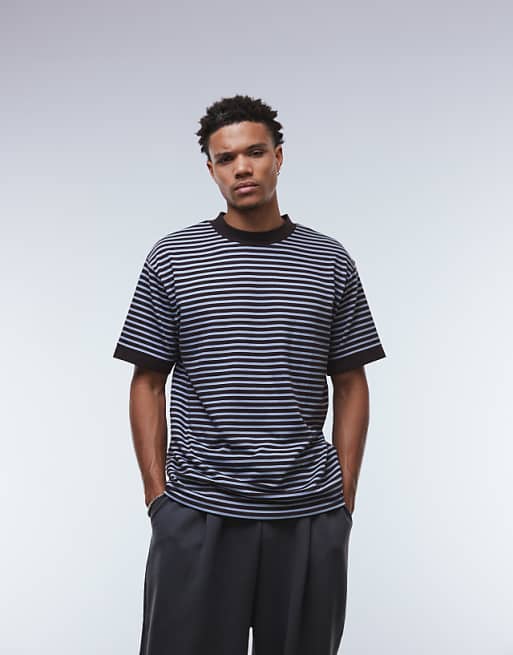 ASOS DESIGN heavyweight relaxed t-shirt with dropped shoulder in blue and brown stripe