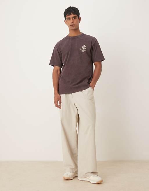ASOS DESIGN Heavyweight Relaxed T-shirt With Embroidery Graphic In Washed Brown