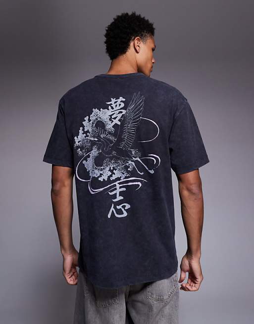 ASOS DESIGN heavyweight relaxed t-shirt with heron graphic in washed black