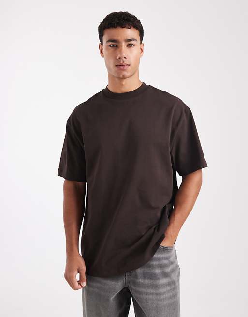 ASOS DESIGN heavyweight relaxed t-shirt with high neck in dark brown