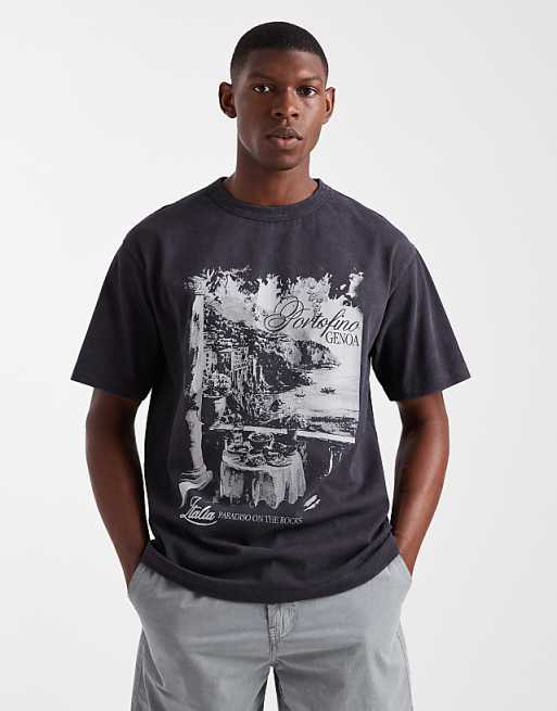ASOS DESIGN heavyweight relaxed t-shirt with scenic graphic in washed black