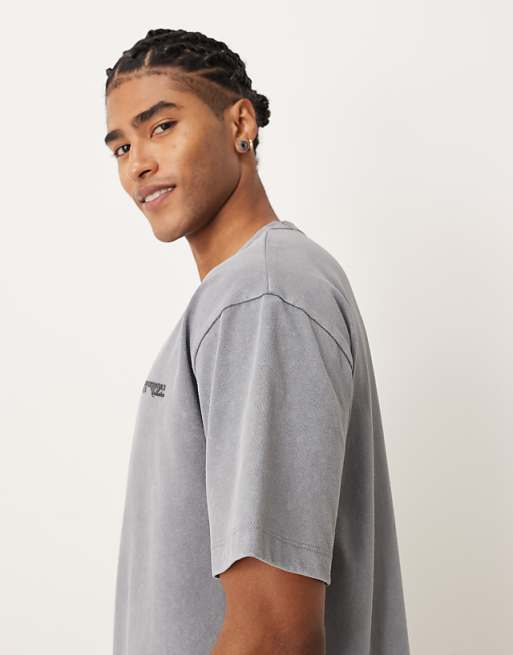 ASOS DESIGN Heavyweight Relaxed T-shirt With Text Graphic In Light Grey Wash