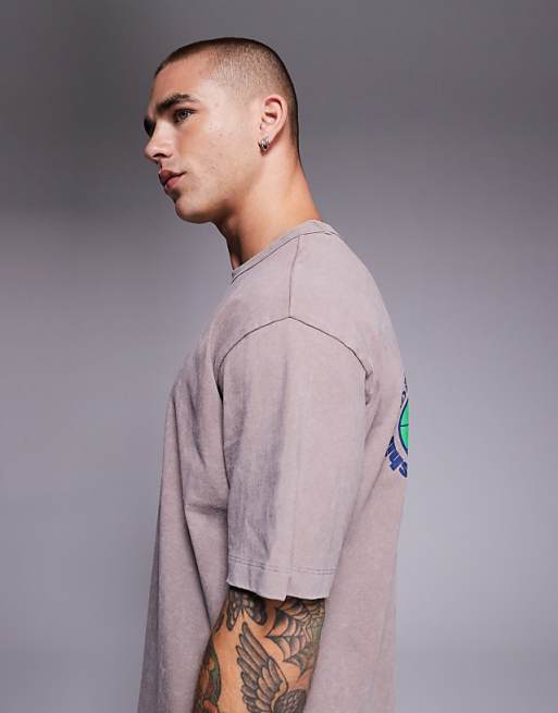 ASOS DESIGN Heavyweight Relaxed T-shirt With Tiger Graphic In Washed Brown