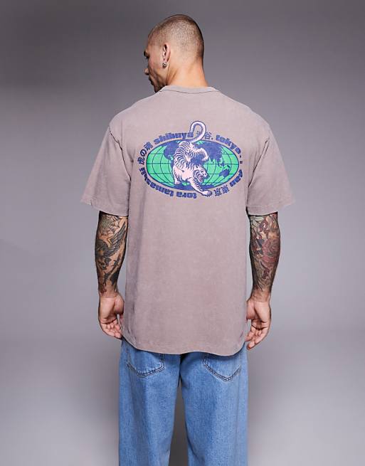 ASOS DESIGN heavyweight relaxed t-shirt with tiger graphic in washed brown