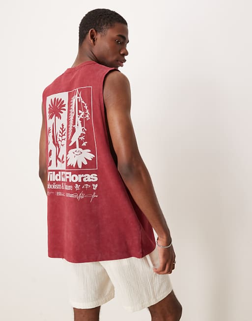 ASOS DESIGN Heavyweight Relaxed Tank With Floral Graphic In Washed Red