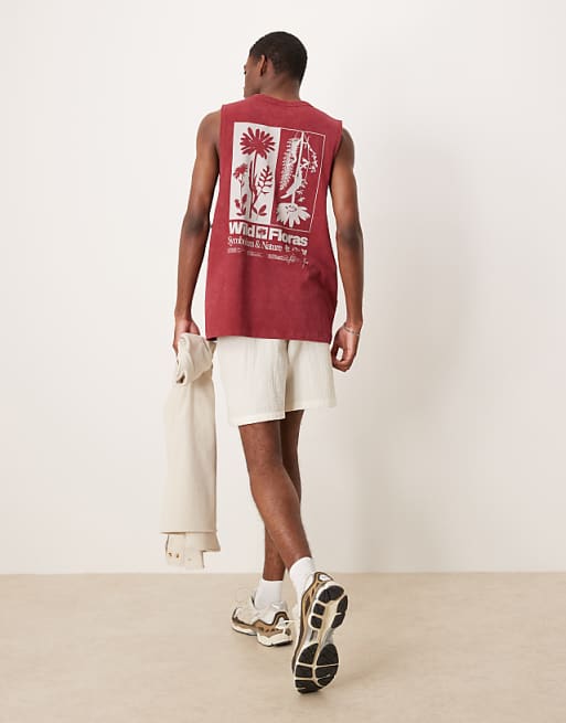 ASOS DESIGN heavyweight relaxed tank with floral graphic in washed red