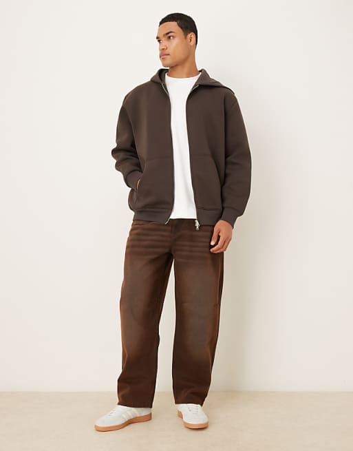 ASOS DESIGN Heavyweight Relaxed Zip Through Hoodie In Scuba-style Fabric In Brown