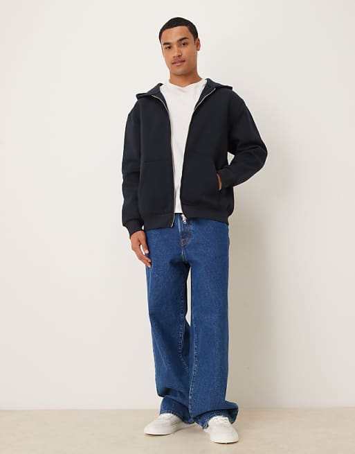 ASOS DESIGN Heavyweight Relaxed Zip Through Hoodie In Scuba-style Fabric In Navy
