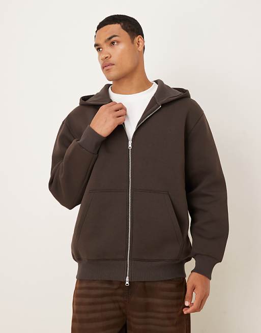 ASOS DESIGN heavyweight relaxed zip through hoodie in scuba-style fabric in brown