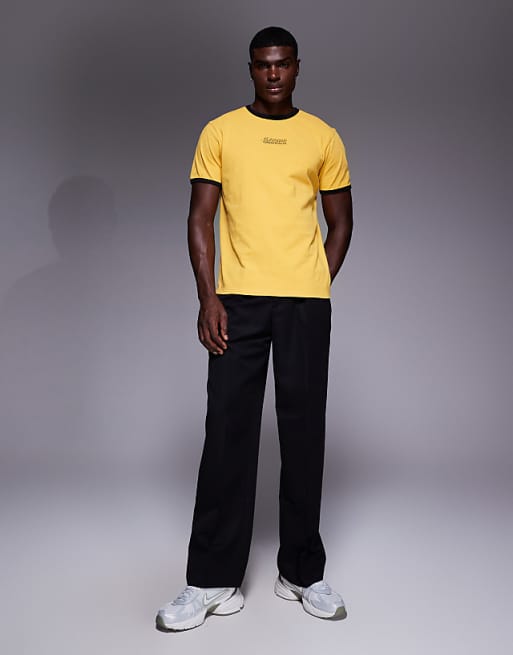 ASOS DESIGN Heavyweight Ringer T-shirt With Text Graphic In Washed Yellow