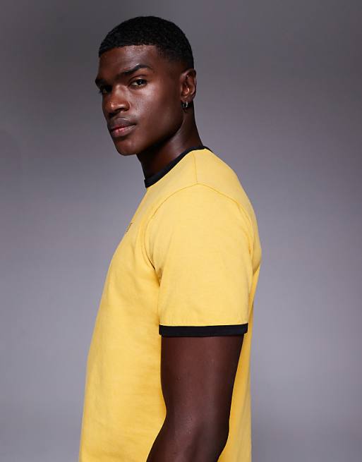 ASOS DESIGN Heavyweight Ringer T-shirt With Text Graphic In Washed Yellow