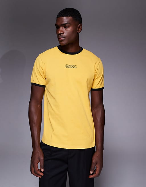 ASOS DESIGN heavyweight ringer t-shirt with text graphic in washed yellow