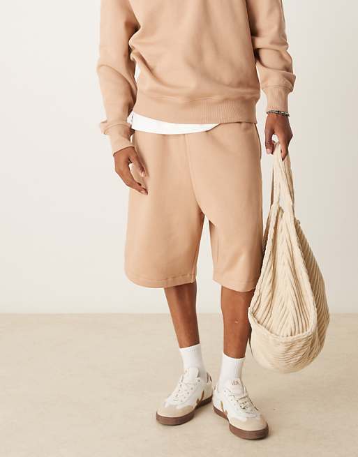 ASOS DESIGN Heavyweight Short With Embroidery On Back Pocket In Beige - BEIGE
