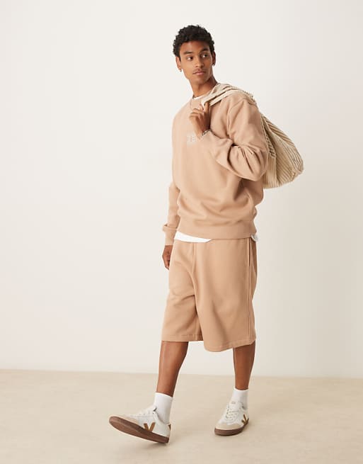 ASOS DESIGN Heavyweight Sweatshirt With Embroidery In 400gsms In Beige