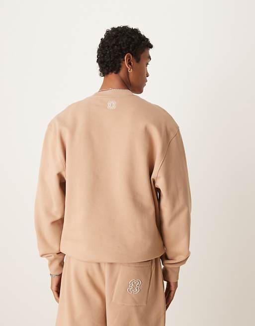 ASOS DESIGN Heavyweight Sweatshirt With Embroidery In 400gsms In Beige