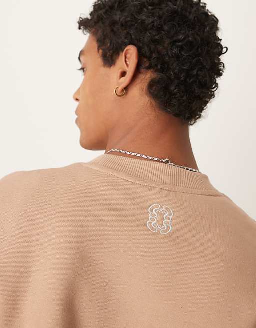 ASOS DESIGN Heavyweight Sweatshirt With Embroidery In 400gsms In Beige
