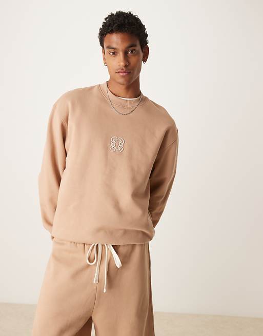 ASOS DESIGN heavyweight sweatshirt with embroidery in 400gsms in beige