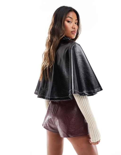 ASOS DESIGN High Shine Leather Look Cape Jacket In Black