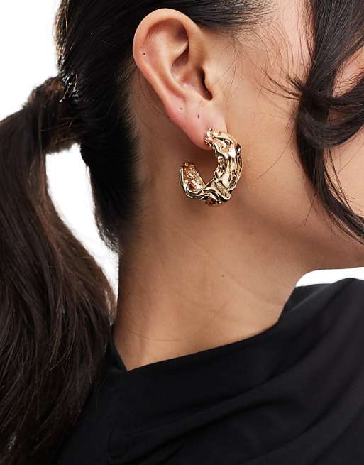 ASOS DESIGN hoop earrings with molten design in gold tone