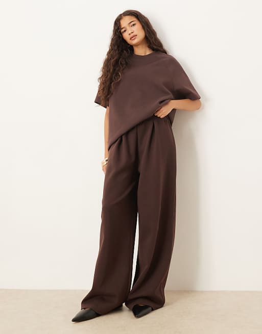 ASOS DESIGN interlock wide leg jogger with pocket detail in chocolate
