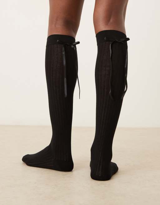 ASOS DESIGN Knee High Socks In Black With Ribbon