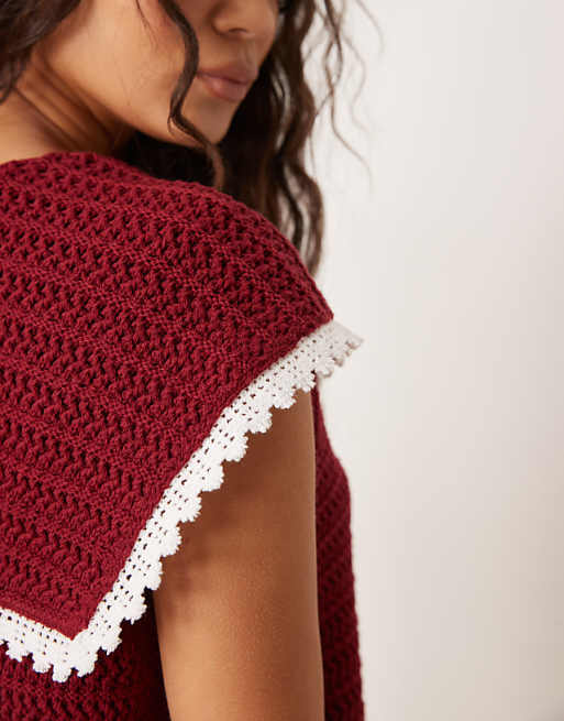 ASOS DESIGN Knitted Clean Tie Front Waistcoat With Collar Detail In Cherry