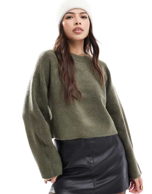 ASOS DESIGN Knitted Crew Neck Boxy Jumper With Wide Cuff & A Line Maxi Skirt Co-ord In Khaki