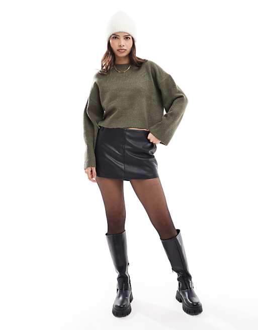 ASOS DESIGN knitted crew neck boxy jumper with wide cuff & a line maxi skirt co-ord in khaki