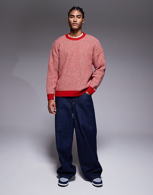 ASOS DESIGN Knitted Crew Neck Stripe Jumper In Red