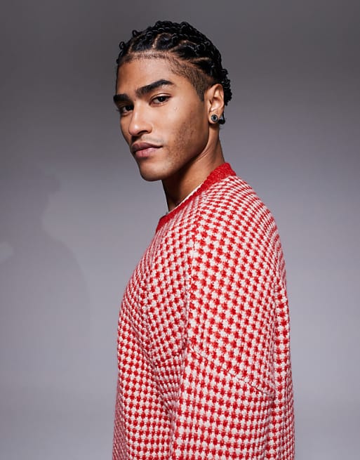 ASOS DESIGN Knitted Crew Neck Stripe Jumper In Red