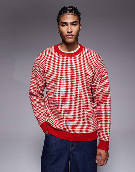 ASOS DESIGN knitted crew neck stripe jumper in red
