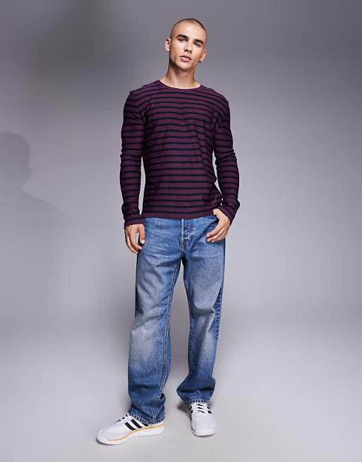ASOS DESIGN Knitted Crew Neck T-shirt In Red And Navy Stripe