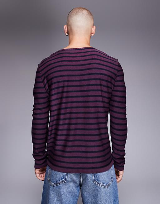 ASOS DESIGN Knitted Crew Neck T-shirt In Red And Navy Stripe